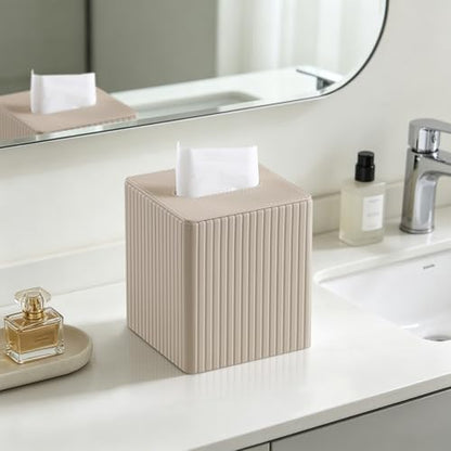 PU Leather Tissue Box Cover Square Tissue Box Holder with Magnetic Closure (Beige Fluted) - color: Beige Fluted