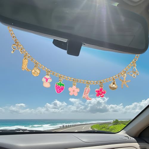 Strawberry & Flower Seashell Butterfly Rear View Mirror Charm – Cute Boho Car Hanging Decor with Bow, Lucky Mushroom & Cowboy Boot, Car Accessories for Women, Gift for Drivers