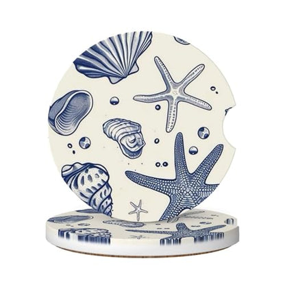 Absorbent Ceramic Car Coasters for Cup Holders, Blue Sea Starfish Shells Design 2.56" Anti Slip Universal Drink Cup Coasters for Women Men (2 Pack) - color: Blue Sea Starfish Shells