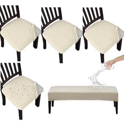 KRFOONN Waterproof Seat Covers for Dining Room Chairs Set of 4 with Dining Bench Cover Jacquard Washable Chair Covers Removable Kitchen Chair Cushion Slipcovers Protector for Dining Room, Beige - color: Beige