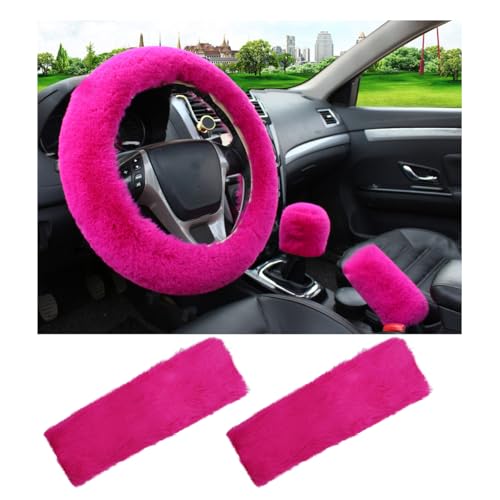 5 PCS Fluffy Steering Wheel Covers Set, Faux Wool Steering Wheel Cover & Handbrake Cover & Gear Shift Cover & 2 Seat Belt Shoulder Pads, Universal Car Accessories (Rose Red) - color: Rose Red