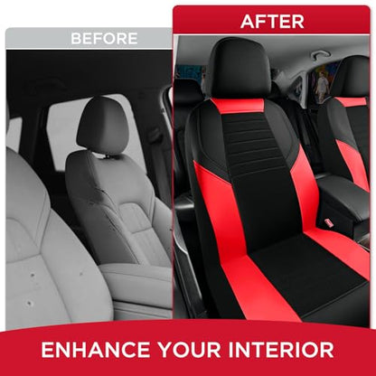 Rubbermaid Car Seat Cover, Leather & Air-Cool Mesh Front Seat Cover, Airbag Compatible, Slip-On Installation, Automotive Seat Cover Universal Fit for Most Cars, Trucks, SUVs-Red