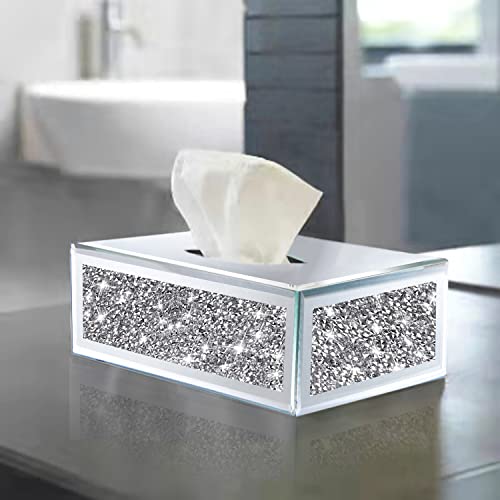 Wocred Rectangular Mirrored Tissue Box Cover,Crystal Crushed Diamond Tissue Box,Silver Luxury Tissue Holders for Either Tissues in a Bathroom or Napkins on a Table.(10”x5.7”x4”) - color: Silver