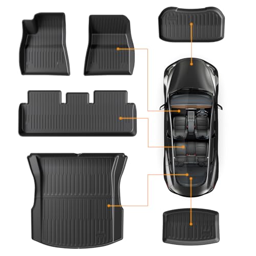 2021-2023 Tesla Model 3 Highland Floor Mats, Custom-Fit All-Weather TPE Full Set with Cargo Liner & Trunk Mat Accessories (2021-2023 Model 3 Full Floor Mat Kit Set of 6) - size: Floor Mats for 2021-2023 Model 3| 6PCS