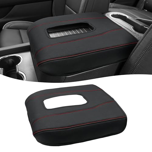 Center Console Cover for Chevy Silverado 1500 Accessories & GMC Sierra 2019-2026, Yukon & Tahoe & Suburban 2021-2026, Bucket Seat, PU Leather Armrest Middle Console Cover, Black-Red Stitch - color: Black red