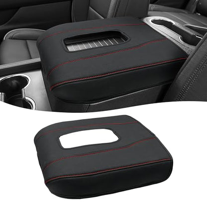 Center Console Cover for Chevy Silverado 1500 Accessories & GMC Sierra 2019-2026, Yukon & Tahoe & Suburban 2021-2026, Bucket Seat, PU Leather Armrest Middle Console Cover, Black-Red Stitch - color: Black red