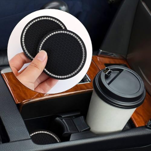 4 Pack Bling Car Cup Holder Insert Coasters Universal Bling Car Coaster with Rhinestone Crystal Car Cup Holder Coaster Auto Interior Accessories for Women 2.75 Inch Anti-Slip Car Cup Mat (Black)
