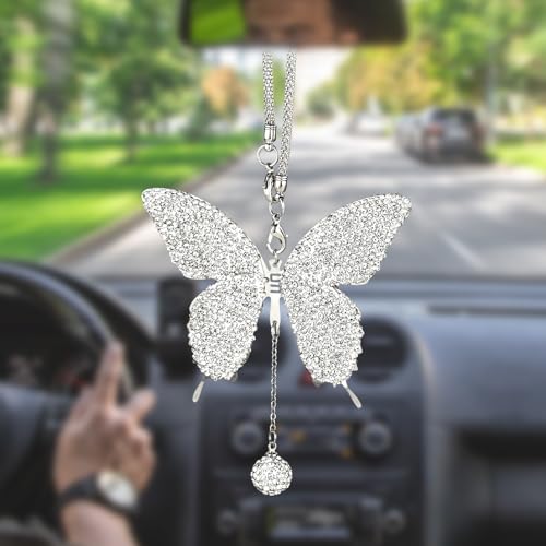 Bling Butterfly Diamond Car Hanging Accessories, Crystal Car Rear View Mirror Charms Lucky Hanging Interior Crystal Ornament Pendant Decor for All Cars(White) - color: White