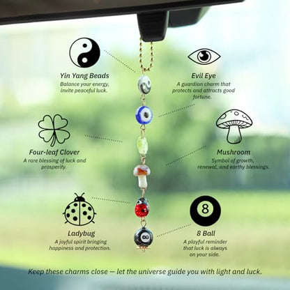 Evil Eye Car Hanging Ornament,Good Lucky Days Charm,8 Ball Mushroom Four-Leaf Clover Pendant for Car Rear View Mirror,Cute Boho Evil Eye Ladybug Yin Yang Symbol Decor Accessories