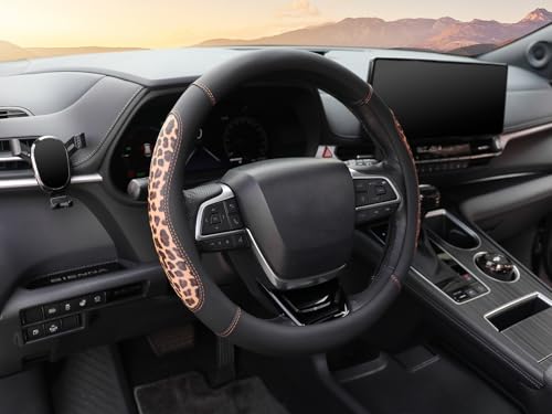 Microfiber Leather Leopard Steering Wheel Cover, Universal 15 Inch, Spliced Anti-Slip Car Wheel Protector, Luxury Cheetah Auto Accessories, Coffee Black - color: Brown Leopard