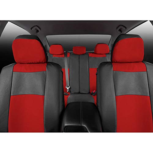 BDK Red Faux Leather Car Seat Covers Full Set with Matching Carpet Car Floor Mats - Universal Front & Back Bench Car Seat Protector & Car Mats Full Set for SUV & Truck Automotive Interior Liner - color: Red