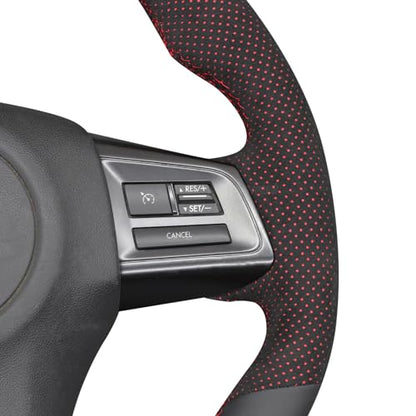 MEWANT Hand Stitched Steering Wheel Cover Wrap for Subaru WRX 2015-2021 / WRX STI 2015-2021 Steering Wheel Accessories - color: Perforated Black Alcantara with Red Layer&Leather
