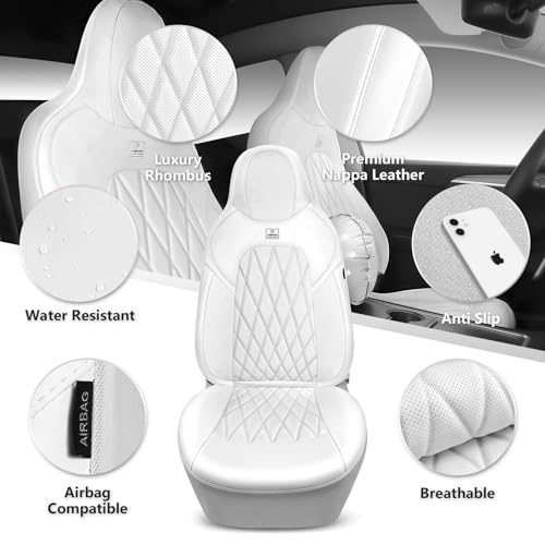 CAR PASS Nappa Leather High Back Front Seat Covers, Tesla Model 3 Model Y Breathable Faux Leather Front Bucket Seat Covers, Anti-Slip Airbag Compatible Universal Fit for Sedan SUV Van Truck, White - color: White High Back, size: Two Front