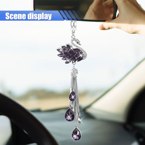 Bling Swan Car Hanging Ornament, Cute Crystal Rhinestone Car Rear View Mirror Accessories, Double Sided Car Decorations Pendant, Car Mirror Hanging Charm for Women Girls (Purple)