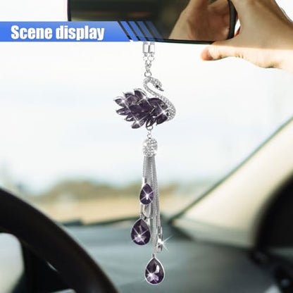 Bling Swan Car Hanging Ornament, Cute Crystal Rhinestone Car Rear View Mirror Accessories, Double Sided Car Decorations Pendant, Car Mirror Hanging Charm for Women Girls (Purple)