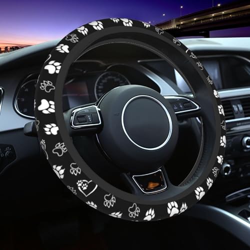 Paw Print Steering Wheel Cover - Black White Dog Paw Steering Wheel Covers Women Men Girls Car Accessories Decor Anti-Slip Auto Neoprene Universal 15 Inch Steering Wheel Protector - color: Dog Paw