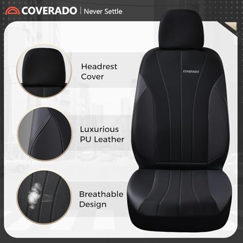 Coverado Car Seat Covers Full Set, Automotive Seat Covers 5-piece, Leather Car Protectors 5 Seats, Black Auto Seat Covers Spill-Proof Design Universal Fit for SUV, Vans, Sedan, Truck