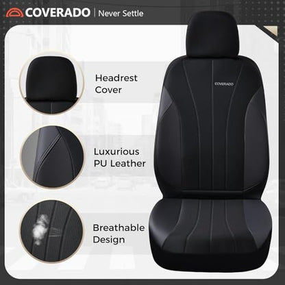 Coverado Car Seat Covers Full Set, Automotive Seat Covers 5-piece, Leather Car Protectors 5 Seats, Black Auto Seat Covers Spill-Proof Design Universal Fit for SUV, Vans, Sedan, Truck
