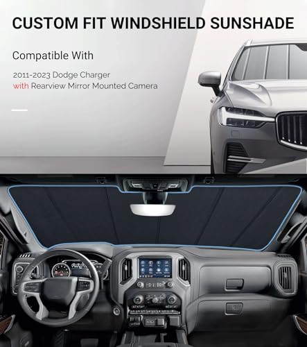 Windshield Sun Shade for Dodge Charger 2011-2023 with Rearview Mirror Mounted Camera - Safeguard