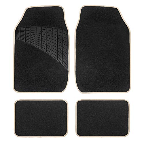 FH Group Color-Trimmed Non-Slip Carpet Car Floor Mats with Rubber Heel Pad – Universal Fit for Sedan, SUV & Truck – Full Set Beige/Black - color: BEIGE