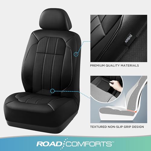 Road Comforts Car Seat Covers, Breathable Leather Seat Covers, Car Seat Covers Full Sets Airbag Compatible, Automotive Seat Covers for Most Cars, Vans, Trucks, SUV - Black