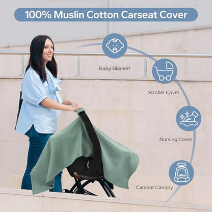 SERAPHY 100% Muslin Cotton Car Seat Cover Baby, Universal Carseat Covers, Breathable Baby Car Seat Canopy for Boys Girls, Soft Infant Car Seat Cover for Summer —Green - color: Green
