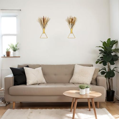 2 Pcs Boho Gold Wall Decor Metal Wall Art X Shaped Hanging Planters with Artificial Pampas Modern Home Gold Bathroom Decor for Bedroom Living Room
