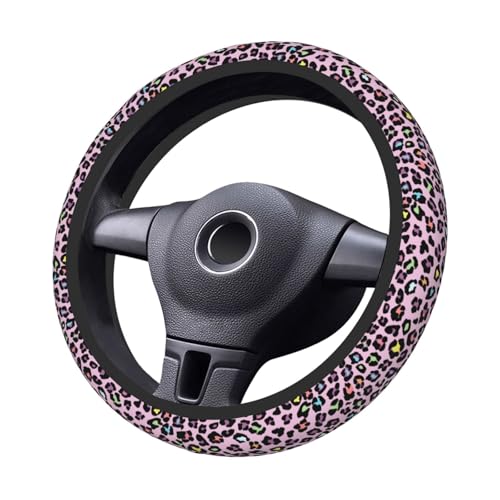 Pink Leopard Print Neoprene Steering Wheel Cover for Men Women Anti-Slip Elastic Steering Wheel Protective Cover 15in Universal Car Accessories Fit Cars, SUVs, Auto - color: Pink Leopard Print