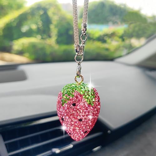 Bling Strawberry Rear View Mirror Accessories, Cute Car Accessories for Women, Sparkling Strawberry with Embedded Rhinestones Car Decorations Rearview Mirror Charms - color: Pink