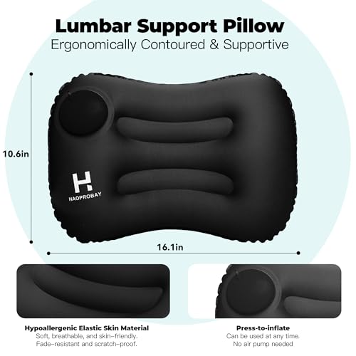 Travel Pillow and Lumbar Support Pillow Set 4 in 1 - Neck Pillow, lumbar Pillow, Eye Mask & Earplugs - Press-to-Inflate Design, 360° Breathable Support for Airplane, Car Travel, Office Nap (Black)