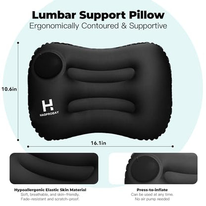 Travel Pillow and Lumbar Support Pillow Set 4 in 1 - Neck Pillow, lumbar Pillow, Eye Mask & Earplugs - Press-to-Inflate Design, 360° Breathable Support for Airplane, Car Travel, Office Nap (Black)