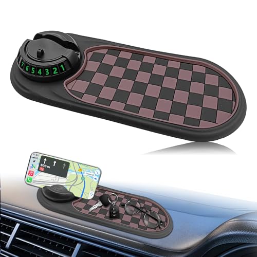 Universal Multifunction Anti-Slip Car Dashboard Mat, Rotatable Car Phone Holder Dashboard Pad with Temporary Parking Number, and Large Pad for Phones Sunglasses (Black+Brown)