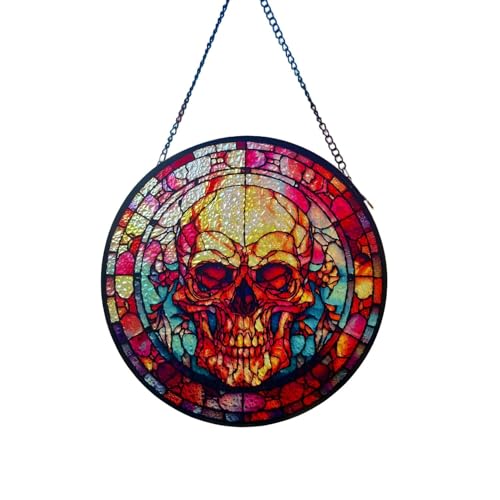 Halloween Skull Stained Glass Window Hanging Suncatcher with Chain - 7.9" Outdoor/Indoor Art Decor for Home Garden, Wedding, Mother's, Valentine's & Christmas Ornaments Present - color: Skull