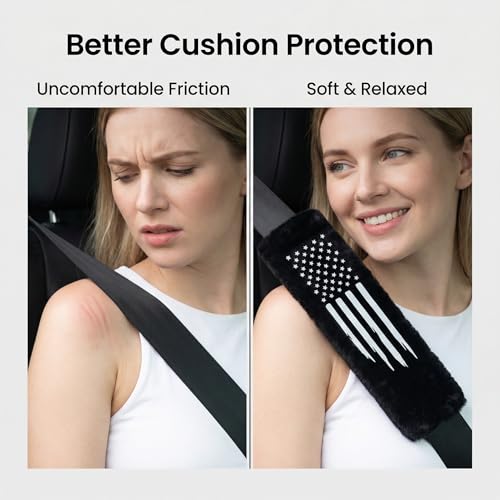 American USA Flag Seat Belt Strap Cover Pad, Patriotic Interior Car Accessories, for Auto Car Truck Pickup 2025, Fulffy Shoulder Neck Cushion Protector, 2 PCS, Black