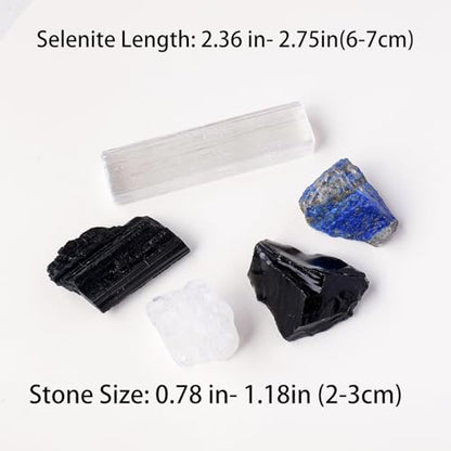 Apengshi Protection Crystal Stone Set for House and Family Protection Set of 5 Pieces Stone Black Tourmaline Clear Quartz Lapis Lazuli Obsidian and Selenite Healing Crystal Stones - color: House and Family Protection
