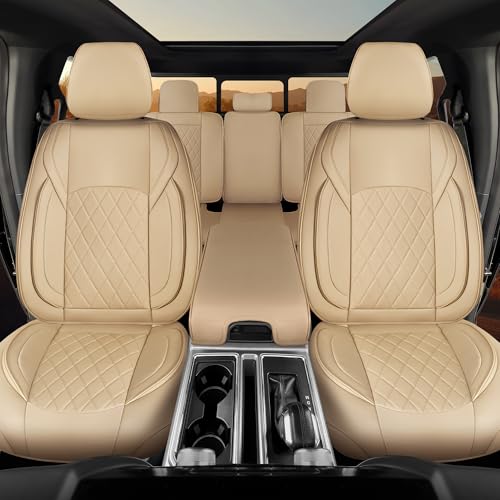 F150 Seat Covers Front Set, Faux Leather Truck Seat Covers Diamond Quilted Custom Fit for 2009-2026 F-150 SuperCrew & 2017-2026 F250 F350 F450 Crew Cab XL XLT Lariat King Ranch (Beige) - color: Beige, size: Front