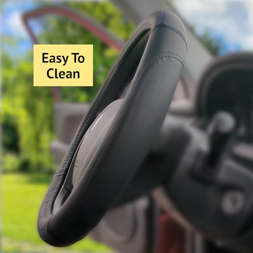 Steering Wheel Cover, Black, Real Genuine Leather, Small, 14 inch, for Men and Women, Universal, Stretch On, Heat Resistant, Stays Cool, Non-Slip, HANWOLF - color: Black, size: Small (14 to 14.375 inch diameter)