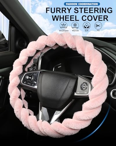 Fluffy Pink Steering Wheel Cover for Women Girls, Cute Plush Fuzzy 15" Universal Anti-Slip Breathable, Soft Warm Cozy Comfortable for Teen College Student, Kawaii Girly 14.5-15 Inch - color: Pink