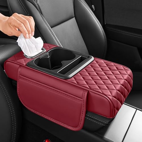 5 in 1 Car Center Console Cover, Armrest Pad with 2 Storage Pockets, Cup Holder, Tissue Slot, Phone Holder, Nappa Leather Memory Foam Car Accessories for SUV Sedan Truck (Burgundy)