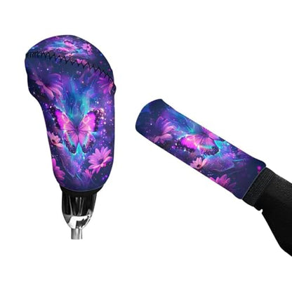 Bulopur Car Shifter Gear Hand Brake Trim Cover Set for Most Cars Van SUV Sedan Truck Auto Accessories - color: Galaxy Butterfly