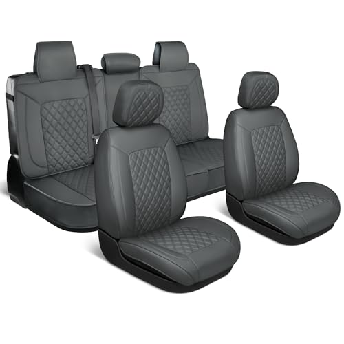 MotorBox Prestige Edition Napa Leather Seat Covers Full Set – Gray Car Seat Covers Front Seats and Back Car Seat Protector, Waterproof and Universal Fit for Most Small to Medium Autos, Trucks & SUVs - color: Charcoal Full Set