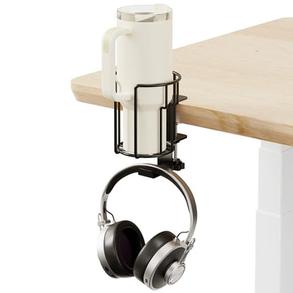 Large Desk Cup Holder, 2-in-1 Clip On Cup Holder with Headphone Hook, Heavy-Duty Metal Drink Holder for Insulated Tumblers, Big Water Bottles, Fits Office Desk Organizer, Dorm, Gaming Setup (1 Pack) - color: Black- 1 Pack