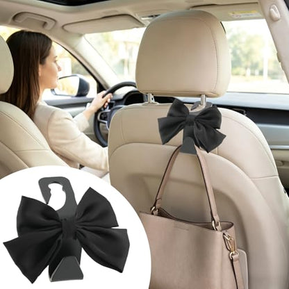 2Pcs Bow Car Headrest Hooks, Durable PVC Seat Back Organizer Hooks, Car Interior Decor Accessories, Multi‑Use for Bags and Umbrella, Universal for Cars, SUV, Truck (Black)
