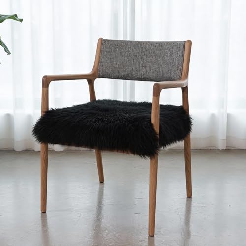 Genuine Sheepskin Chair Cushion Non-Slip Comfortable Natural Sheepskin Pad Carpet Suitable for Home Sofa Restaurant Car Seat Office Dining Fur Chair Cover. (1, Black, 18x18 Inch) - color: Black