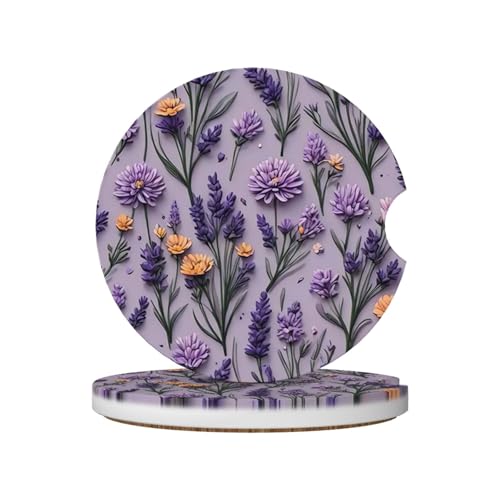 Purple Lavender Flower Absorbent Ceramic Car Coasters for Cup Holders, 2.56" Anti Slip Insert Cup Coasters for Women Men (2 PCS) - color: Purple Lavender Flower