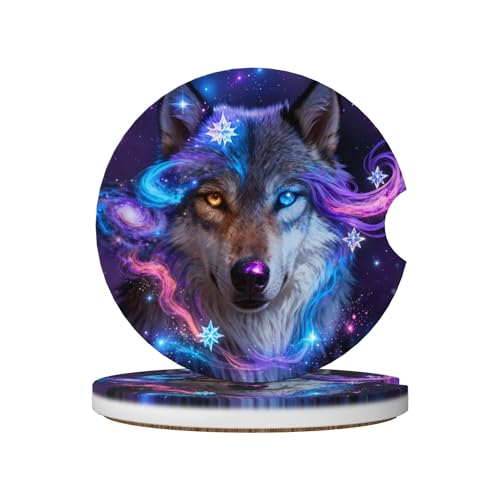 Galaxy Wolf Car Cup Holder Coasters 2 Pack Universal 2.63 Inch Anti Slip Ceramic Absorbent Coaster with Cork Base and Finger Notch Cute Car Accessories Interior for Women - color: Purple