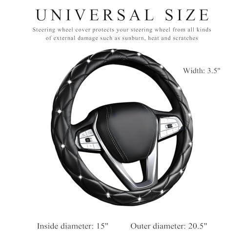 Bling Crystal Steering Wheel Cover, 15 Inch Soft Leather Sparkling Rhinestone Steering Wheel Protector, Universal Anti-Slip Steering Wheel Pad for Women Girls, Car Accessories (Black) - color: Black