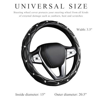 Bling Crystal Steering Wheel Cover, 15 Inch Soft Leather Sparkling Rhinestone Steering Wheel Protector, Universal Anti-Slip Steering Wheel Pad for Women Girls, Car Accessories (Black) - color: Black