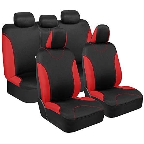 BDK Red Car Seat Covers Full Set - Universal Fit Matching Set Seat Covers for Trucks & Car Seat Protector for SUV - Front Seats, Rear Back Bench, & Headrest Seat Covers for Cars Interior Covers - color: Red