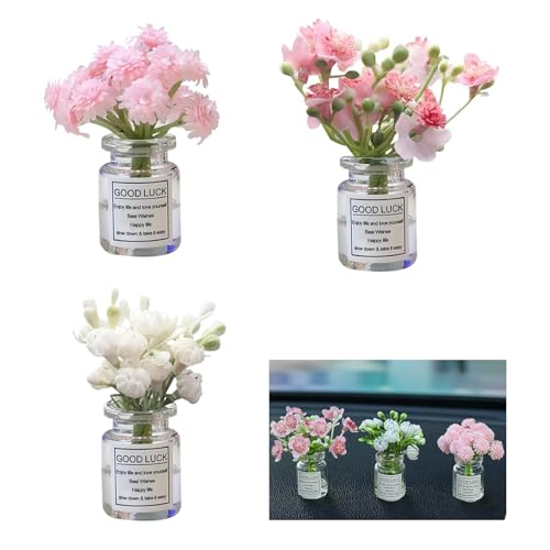 3 PCS Mini Flower Car Accessories, Car Dashboard Decorations, Cute Floral Car Decor for Women, Funny Car Rearview Mirror Decorations, Universal for Auto Interior Accents (Multicolored)